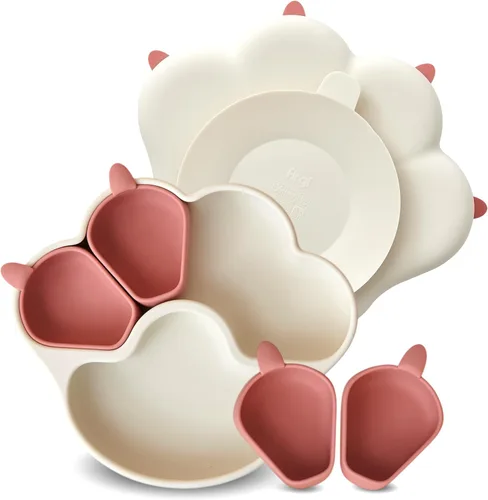 MEOW Dry Rose - Placas de succión de silicona dividida para niños pequeños, placa de silicona antideslizante para bebés, suministros de destete LED,