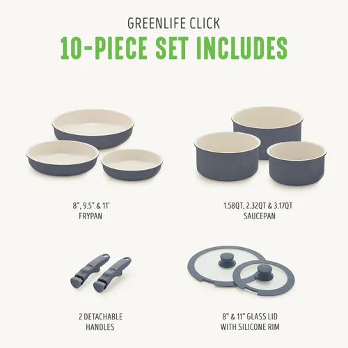 Miniatura 3 de GreenLife - Juego de 10 piezas de ollas y sartenes antiadherentes, mango desmontable y juego de utensilios de cocina apilables, sartenes sin tóxicos