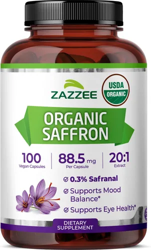 Zazzee USDA Extracto orgánico 20:1 de azafrán, 88.5 mg, 0.3% safranal, 100 cápsulas veganas, suministro para más de 3 meses, extracto concentrado y