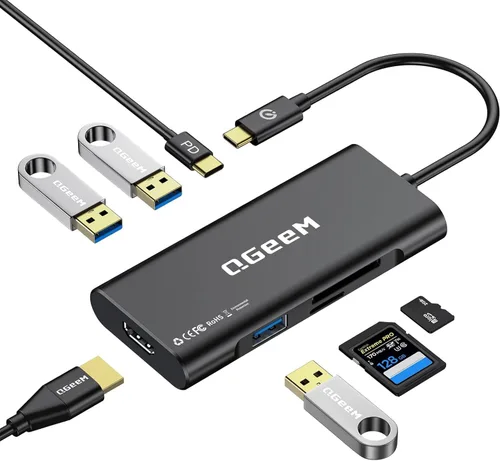 USB C Hub, Adaptador QGeeM de USB 4k a HDMI, Dongle USB-C 7 en 1 con 100W PD, USB 3.0, Lector de Tarjetas, Compatible con MacBook, iPhone 15/17,