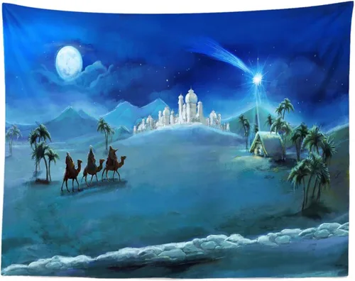 Miniatura 8 de BELECO Tapiz de noche de Navidad para colgar en la pared, tapiz de nacimiento de Jesús, tapiz de desierto, camello del desierto, palacio, castillo