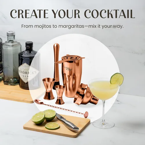 Miniatura 3 de Conjunto de accesorios para cócteles y bar con soporte de madera rústica Cobre