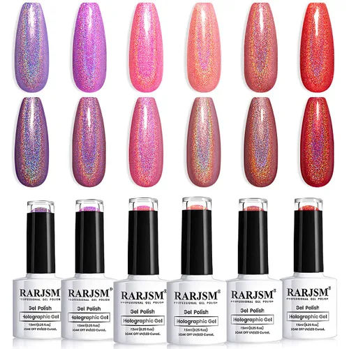 Miniatura 10 de RARJSM Juego de esmaltes de gel holográfico, color verde turquesa, kit de esmalte de uñas de gel con purpurina, colección de verano, 6