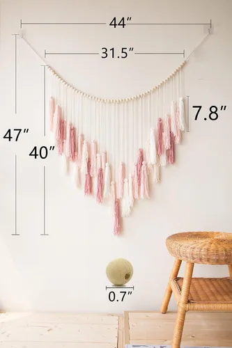 Miniatura 6 de Decocove Colgante de pared de macramé, grande con cuentas de madera, decoración bohemia para dormitorio, sala de estar y cocina, rosa rubor cálido