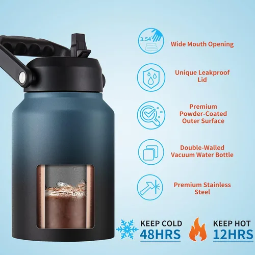 Miniatura 3 de EALGRO Botella de Agua Aislada de Medio Galón Jarra con Pajilla, 64 oz Frasco de Agua Deportivo de Metal de Acero Inoxidable Grande con Asa, Taza