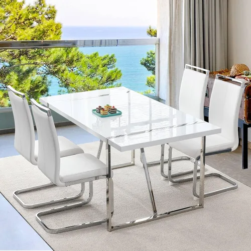 Miniatura 10 de Mesa de comedor Ebullient para 4, mesa de comedor rectangular negra de MDF, tapa de mesa de cena de mármol falso, mesa de comedor moderna con marco