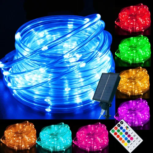 Cuerda de luces solares de 18 colores de 33 pies para exteriores, impermeable, LED que cambia de color, 100 luces LED, azul, verde, rosa, cadena de