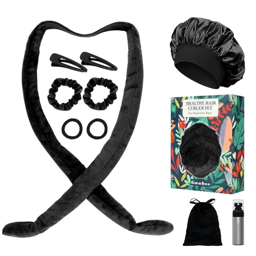Gwabee No Heat Overnight - Juego de diadema para mujeres y niñas, gorro de satén suave con rodillos para rizos largos de cabello, caja de regalo de