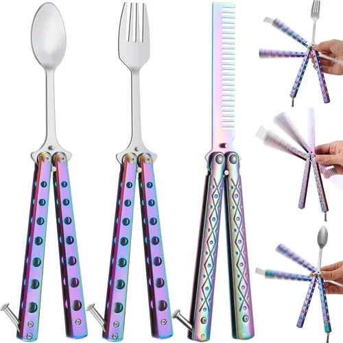 Miniatura 9 de Eaasty Juego de 3 piezas de peine de mariposa, tenedor y cuchara, cuchara plegable táctica de acero inoxidable para camping, caza, viajes al aire