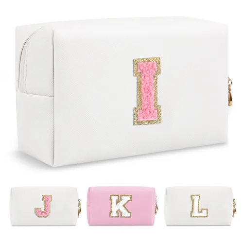 Miniatura 131 de Pequeña bolsa de maquillaje personalizada con inicial A-Z Preppy Patch, bolsa de cosméticos de viaje de felpilla blanca con cremallera, bonita bolsa
