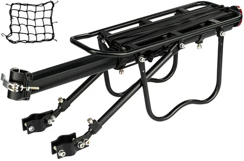 Dirza - Portaequipaje trasero para bicicleta, de liberación rápida, ajustable, de aleación, capacidad de 115 libras, fácil de instalar, color negro