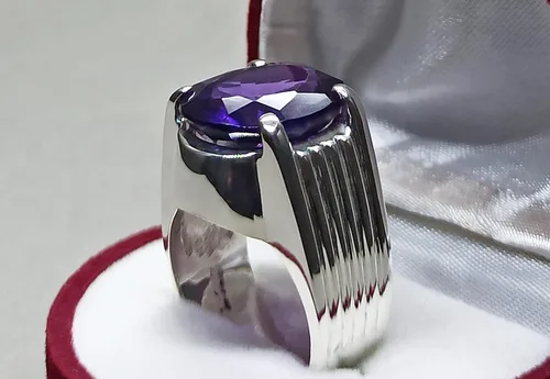 Miniatura 6 de Oval Cut 12 Carat Deep Purple Amethyst Mens Plain Ring Sterling Silver 925 Handmade Amethyst Ring Gift for Him