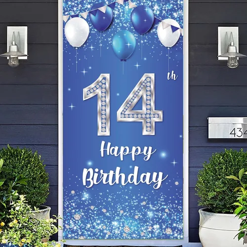 COOSOAR Cartel de feliz cumpleaños número 14, globos de cristal brillantes estrellas confeti decoración para niños y niñas, fiesta de cumpleaños de