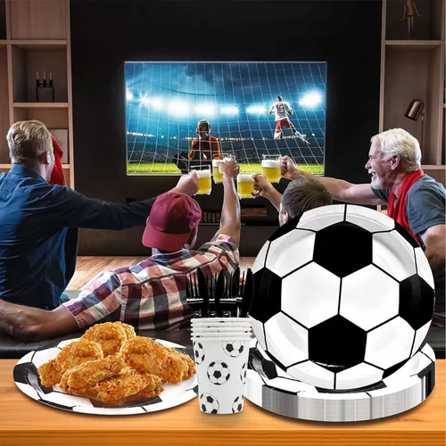 Miniatura 5 de Juego de vajilla de 144 piezas para fiesta de fútbol, para 24 invitados, incluye platos de papel, servilletas, tazas, cuchillos, tenedores