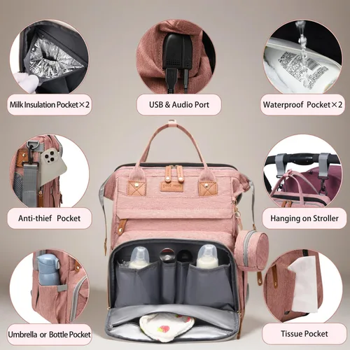 Miniatura 3 de Mochila para pañales con cambiador, bolsa de bebé de viaje multifunción, bolsa de bebé impermeable, bolsa de mamá de gran capacidad, bolsa de Rosa