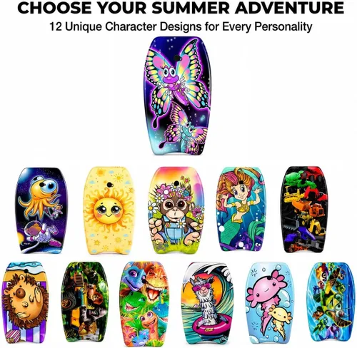 Miniatura 9 de PMU Bodyboard estampado con gráficos, correa de muñeca ligera, parte inferior lisa para playa, mar y piscina, tabla de surf para niños, adolescentes