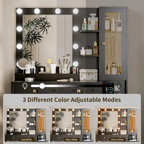 Miniatura 6 de Escritorio de tocador con espejo y luces, tocador de maquillaje negro con 5 cajones, organizador de joyas oculto y gabinete de cristal LED, 3 modos