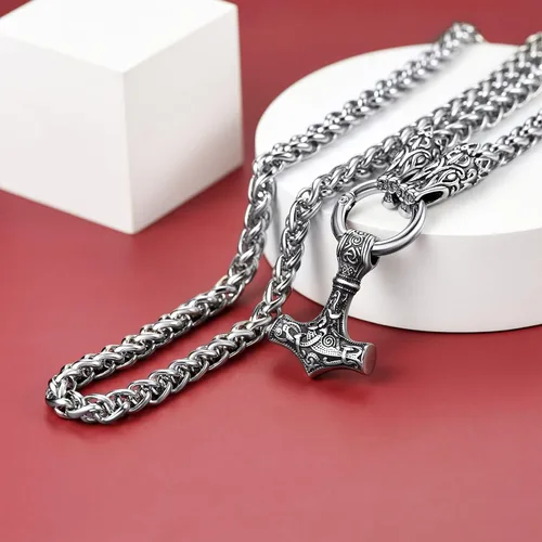 Miniatura 8 de FaithHeart Collar punk nórdico vikingo para hombre, collar grueso, acero inoxidable, Mjolnirnudo celta, cabeza de lobo, colgante de amuleto, joyería