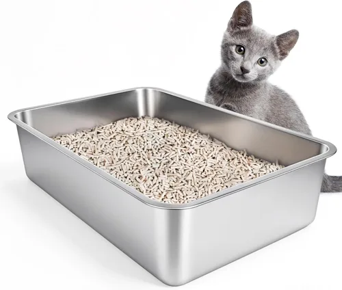 Miniatura 9 de IKITCHEN Caja de arena de acero inoxidable para gatos, bandeja de arena de metal grande para gatos, caja de arena para gatos nunca absorbe olores