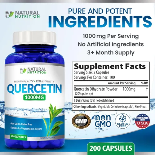 Miniatura 5 de Vitamina natural Quercetina Máxima Fuerza 1000mg 200 Cápsulas Sin Gluten Sin OMG