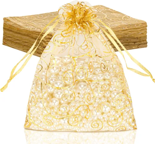 Staruby Bolsas de Regalo de Organza 50 Piezas Doradas Bolsas de Organza Transparente 6x8 Pulgadas Bolsas de Malla para Obsequios con Cordón para 50