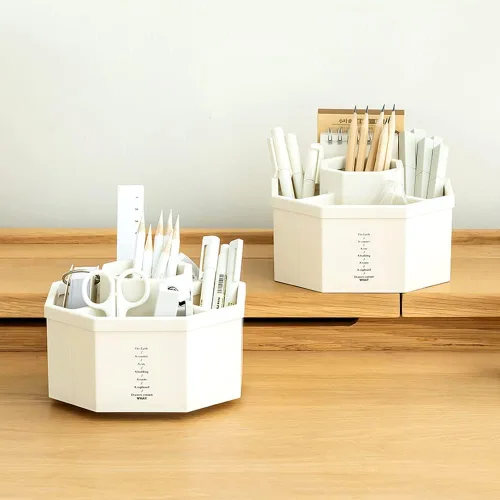 Miniatura 7 de Organizador de escritorio, soporte multifuncional giratorio de 360 grados, 5 compartimentos, organizador estacionario de escritorio, caja de Blanco