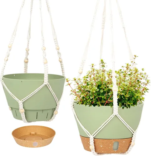 Miniatura 21 de QCQHDU Paquete de 2 macetas colgantes de 10 pulgadas para plantas de interior y exterior, cestas colgantes macetas de flores con bandeja de depósito