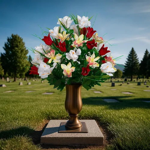 Miniatura 4 de Sympathy Silks Flores de cementerio artificiales - Decoración de tumbas - Tulipanes rojos e iris blancos (1) Ramo Rojo Blanco