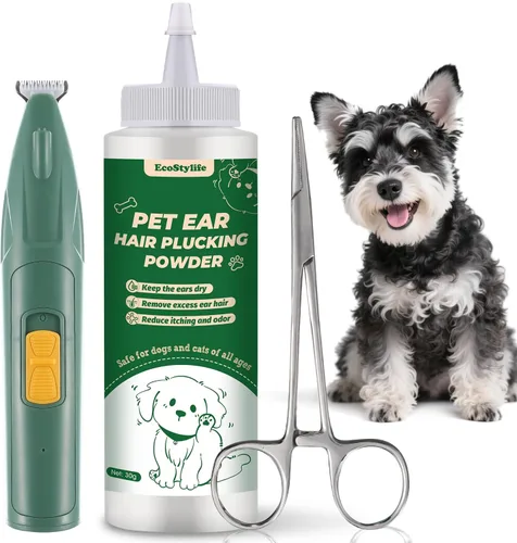 Herramienta para eliminar el pelo de las orejas de los perros — Polvo para orejas de 30g, pinza hemostática de 5.5 pulgadas y recortadora de orejas