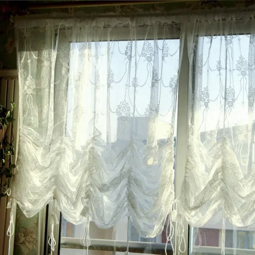 Miniatura 8 de FADFAY Cortina de globo ajustable con lazo de encaje blanco semitransparente, cortina de ventana estilo europeo bordado para sala de estar