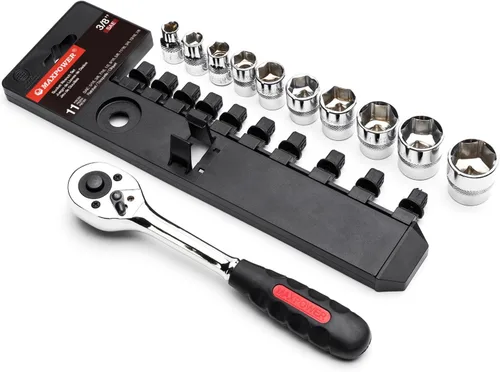 Miniatura 4 de MAXPOWER Juego de 11 llaves de trinquete de 3/8 pulgadas, mango de trinquete reversible de liberación rápida y llaves intercambiables, enchufes