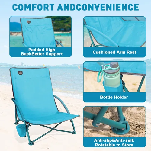 Miniatura 4 de Paquete de 2 sillas bajas de playa, sillas reclinables plegables para adultos, sillas de camping ligeras de asiento bajo con soporte para tazas, Azul