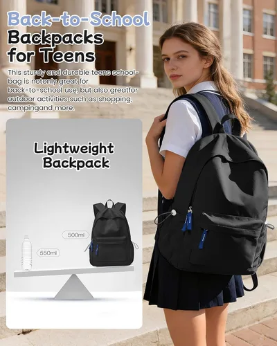 Miniatura 6 de Mochila escolar para adolescentes y niñas, color negro, simple, mochila escolar impermeable, mochila de escuela secundaria para niños, mochila