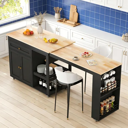 Miniatura 11 de Isla de cocina de 77.8 pulgadas con mesa extensible, isla de cocina rodante con armario de almacenamiento, cajones, estante para especias, toallero