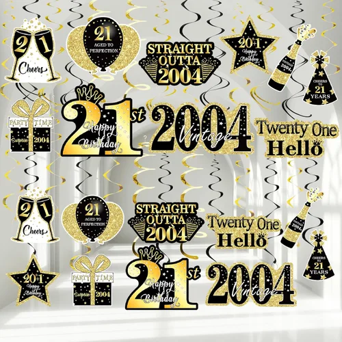 MOORAY 36 piezas de decoración de cumpleaños negro dorado 21 espirales colgantes para hombres y mujeres, suministros de fiesta de feliz cumpleaños