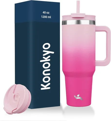 Konokyo - Vaso de 40 onzas con asa y 2 pajillas, botella de agua aislada 2 en 1 con tapa. Taza de viaje de acero inoxidable para café, flores de
