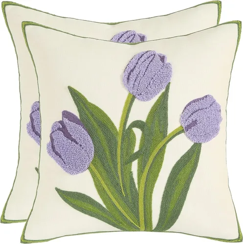 Miniatura 13 de Fundas de almohada bordadas de 16 x 16 pulgadas, paquete de 2 fundas de almohada de tulipán naranja con diseño floral de primavera, fundas