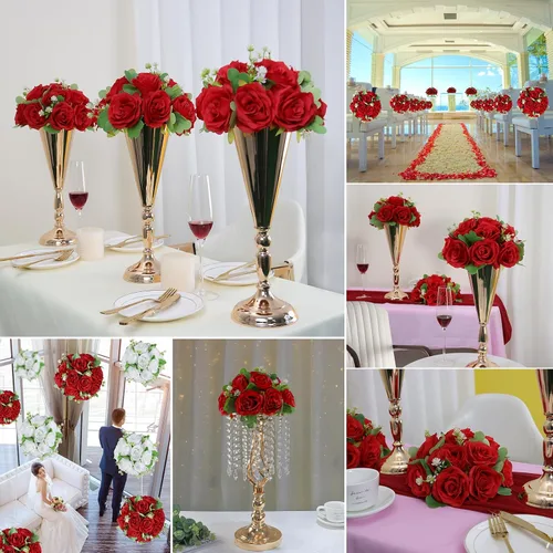 Miniatura 3 de 10 centros de mesa de bola de flores artificiales para bodas, bolas de beso, rosas de seda rojas, arreglos florales románticos para compromiso