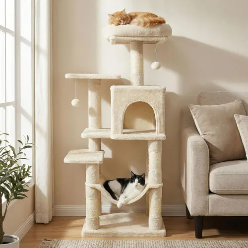 Miniatura 2 de Tangkula Torre de árbol para gatos, torre para gatos de varios niveles de 44 pulgadas con postes rascadores de sisal, condominio de 2 puertas