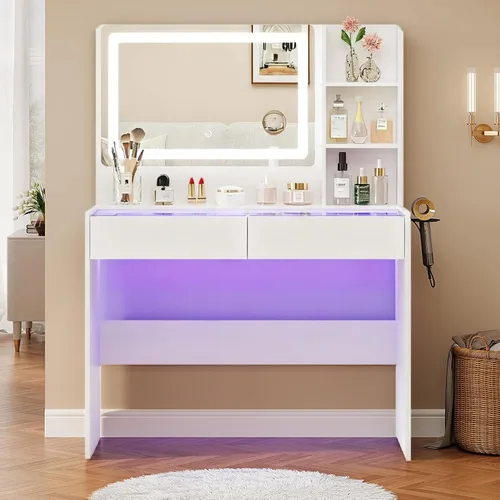 Escritorio de maquillaje con espejo y luces, 3 modos de iluminación y brillo ajustable, tocador de maquillaje con toma de corriente, 2 cajones RGB y