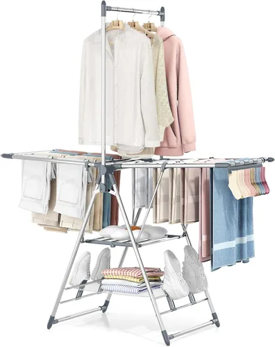 Miniatura 7 de APEXCHASER Large Capacity Foldable Clothes Drying Rack, Heavy Duty Stainless Steel Laundry Drying Rack with Top Hanger, Multi-Layer Indoor Outdoor