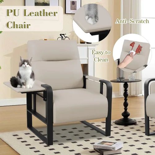 Miniatura 7 de Silla de Acento Moderna Tapizada en Cuero PU Sillón con Mesa de Bandeja para Dormitorio Sala de Estar Sillas Silla de Oficina Beige
