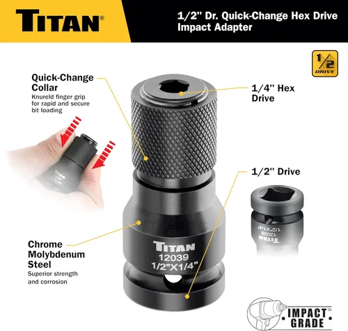 Miniatura 3 de Titan 12039 Adaptador de cambio rápido de 1/2" de accionamiento a 1/4" hexagonal