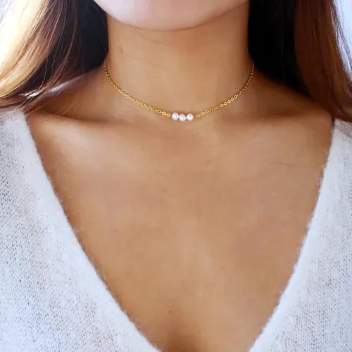 Miniatura 9 de BERISO Delicados collares de perlas para mujer, plata brillante, chapada en oro de 14 quilates, gargantilla de perlas con clip, cadena de caja