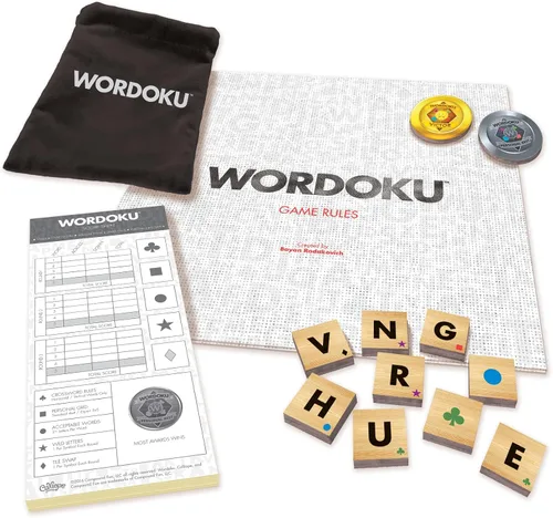 Miniatura 6 de Wordoku Fun Spelled Out - Crucigrama Sudoku Word Puzzle Juego de mesa para juego familiar, juego de cerebro nocturno con azulejos de madera de 1 a 6