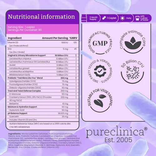 Miniatura 2 de pureclinica Veev Flora íntima - Soporte para microbioma vaginal e intestinal - 50 mil millones de UFC - Probióticos, prebióticos, arándano