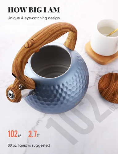 Miniatura 3 de BELANKO - Tetera de acero inoxidable de 2.7 cuartos de galón para estufa, de grado alimenticio con mango de patrón de madera, con silbido fuerte