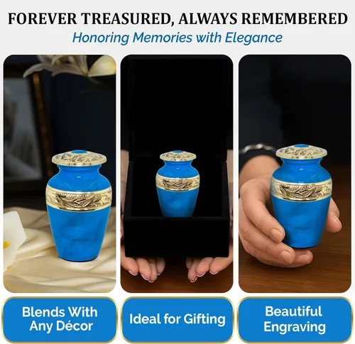 Miniatura 7 de Urnas pequeñas para recuerdo de cenizas humanas, urna conmemorativa azul hecha a mano con acento de latón, mini urna de recuerdo para hombres
