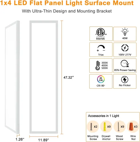 Miniatura 7 de 1x4 Lámpara plana LED para montaje en superficie, 3000K-4000K-5000K seleccionable y regulable con triac, lámpara de techo empotrada de 12x48
