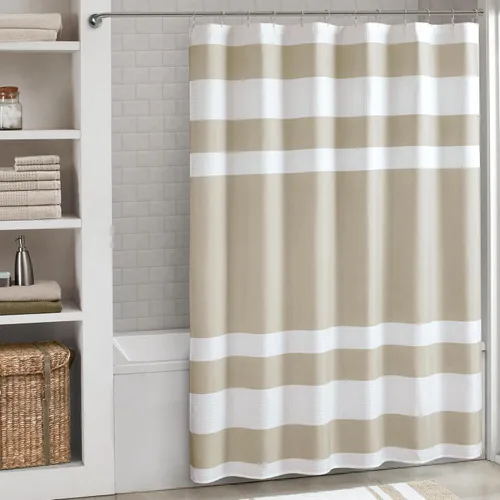 Miniatura 26 de Madison Park Cortina de ducha de tejido waffle con diseño a rayas en piezas, cortina de ducha de tela para baño con gestión de humedad 3M Rayas Taupe